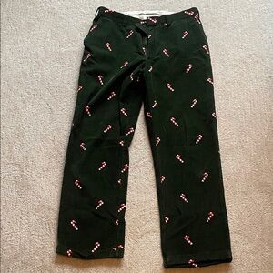 Orvis Dark Green Corduroy Pants with Red Candy Cane Design